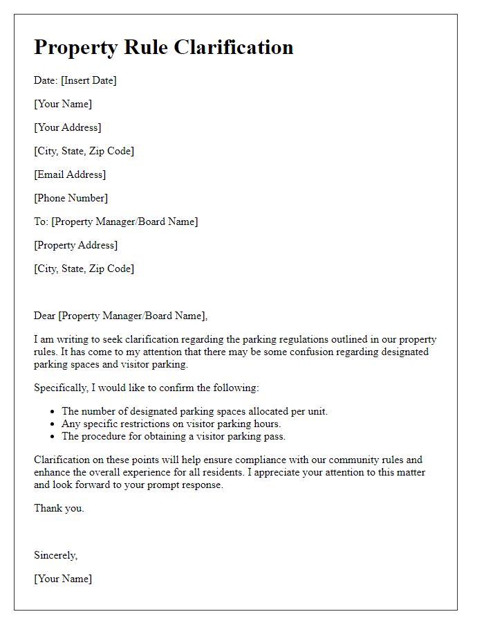 Letter template of property rule clarification for parking regulations.