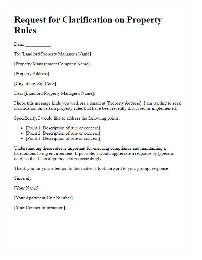 Letter template of property rule clarification request for tenants.