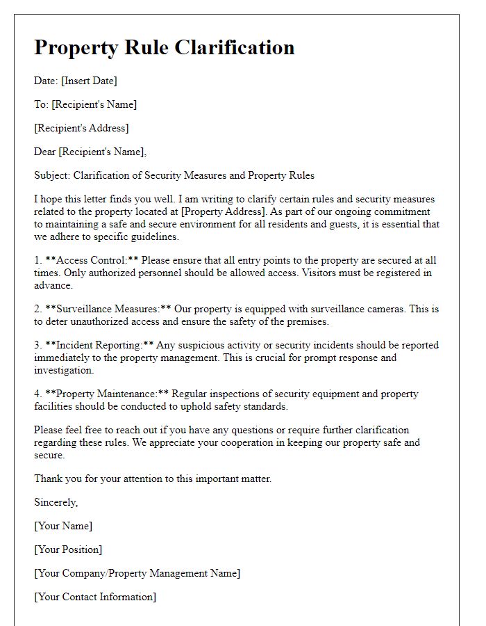 Letter template of property rule clarification for security measures.