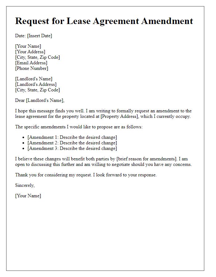 Letter template of lease agreement amendments request