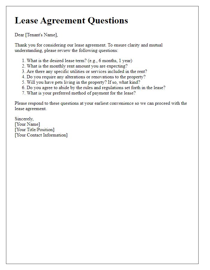 Letter template of lease agreement questions