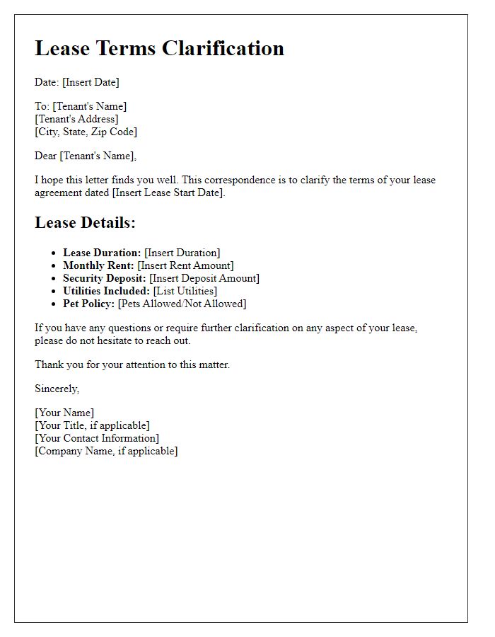 Letter template of lease terms clarification