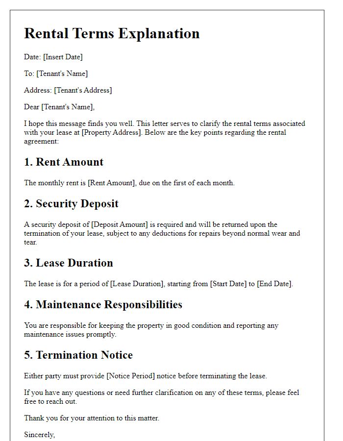 Letter template of rental terms explanation