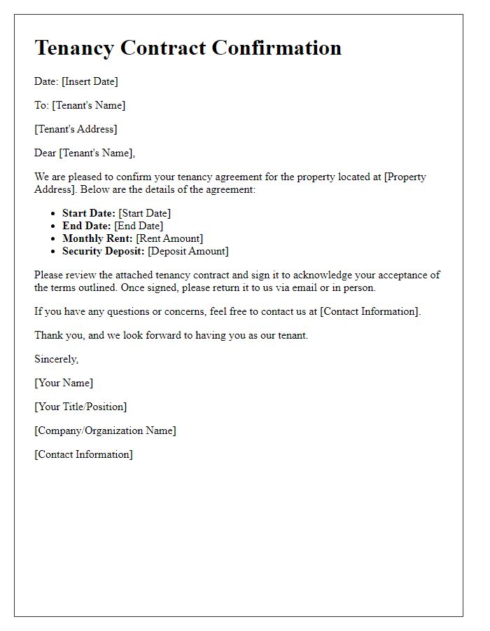 Letter template of tenancy contract confirmation