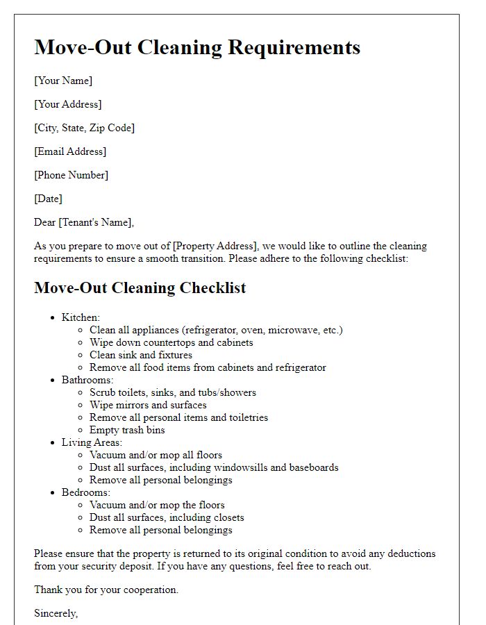 Letter template of cleaning requirements for move-out