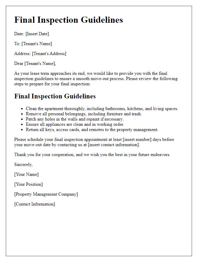 Letter template of final inspection guidelines for tenants