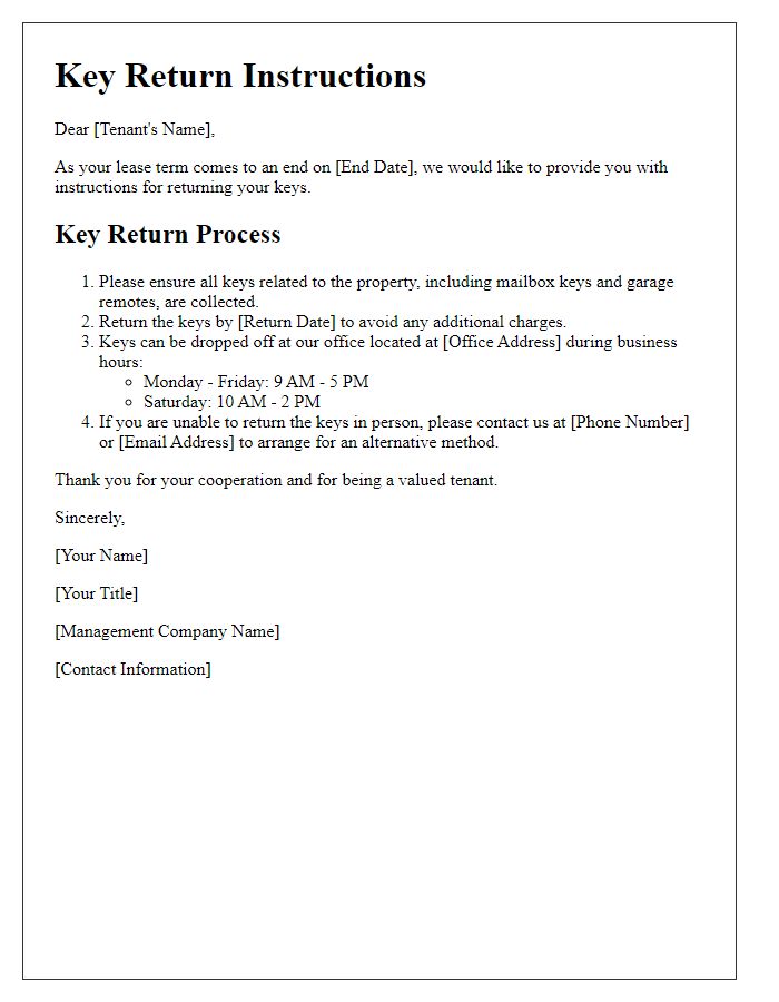 Letter template of key return instructions for tenants