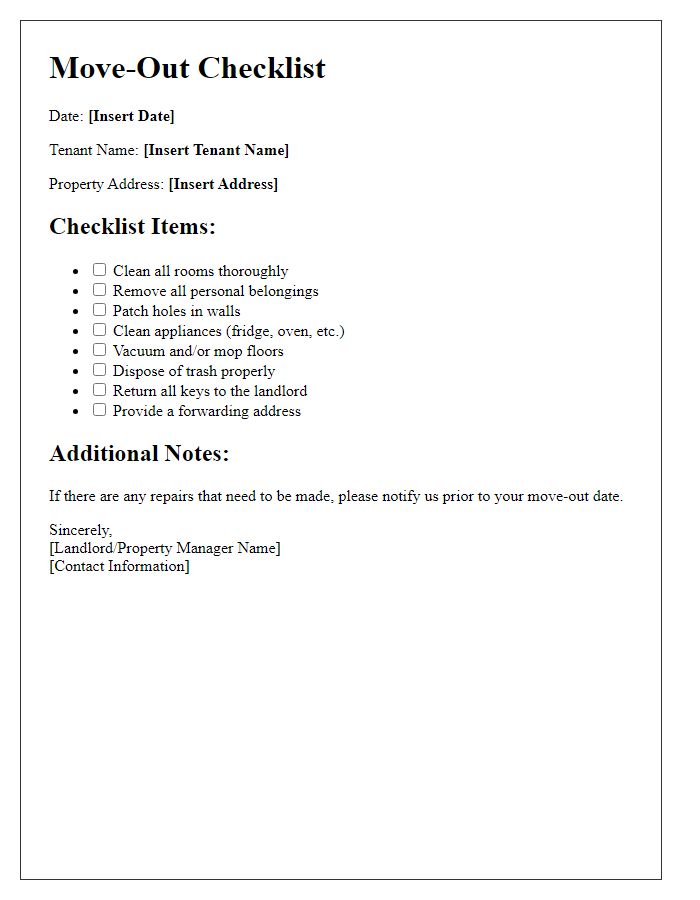 Letter template of move-out checklist for tenants