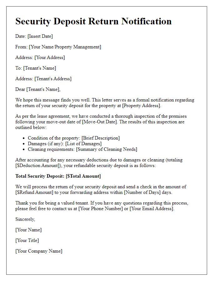 Letter template of security deposit return process