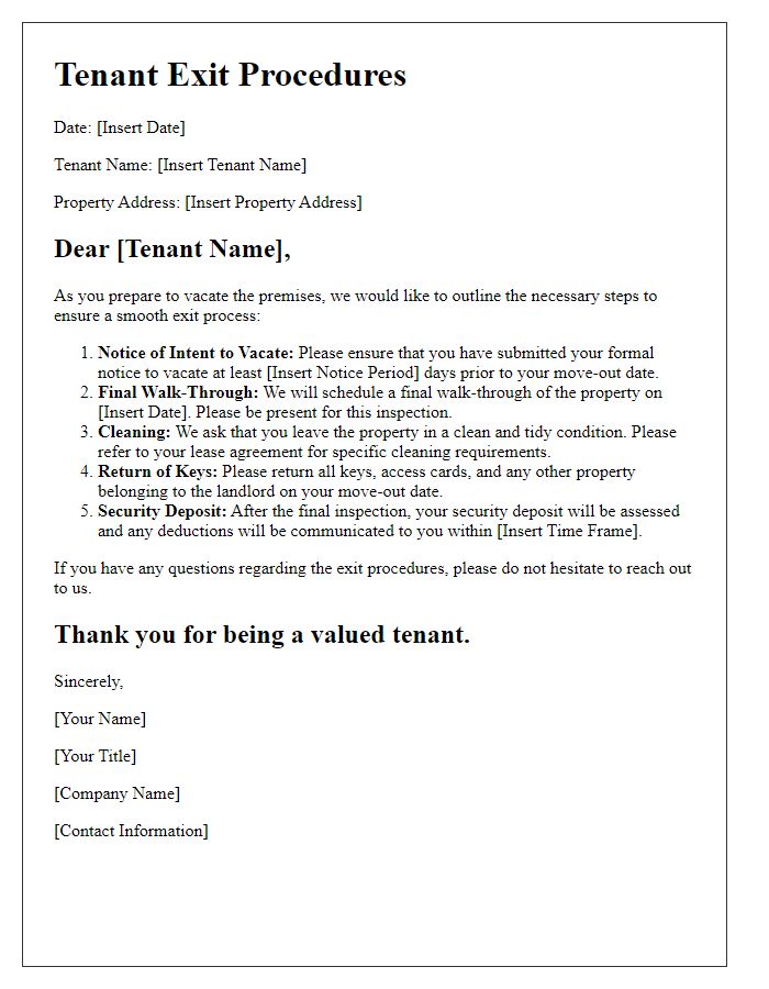 Letter template of tenant exit procedures