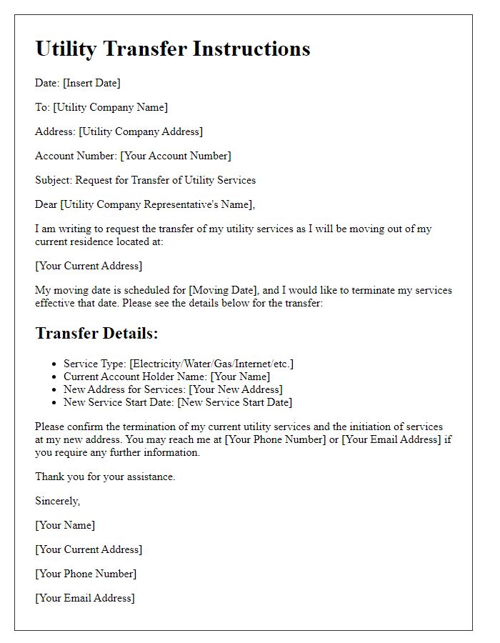 Letter template of utility transfer instructions for moving out