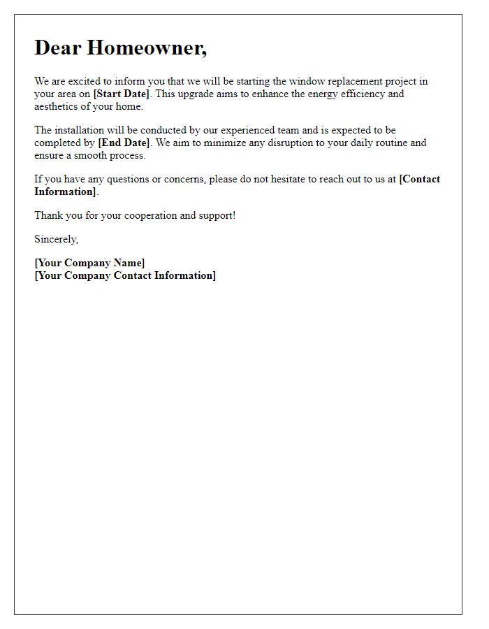 Letter template of window replacement announcement for homeowners