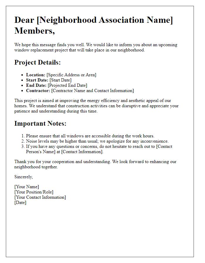 Letter template of window replacement details for neighborhood association