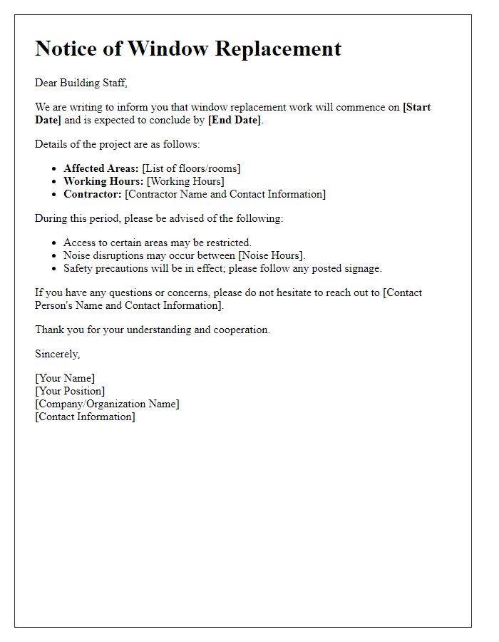 Letter template of window replacement information for building staff