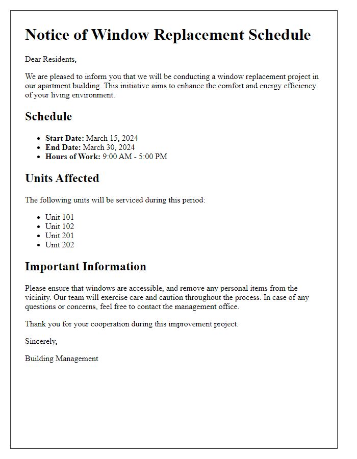 Letter template of window replacement schedule for apartment dwellers