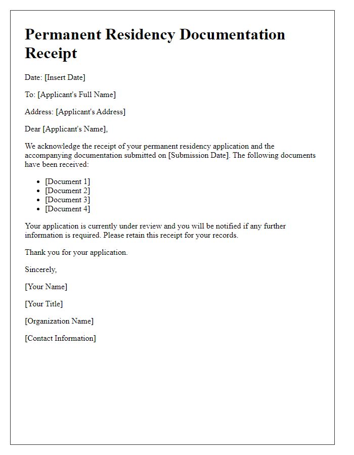 Letter template of permanent residency documentation receipt