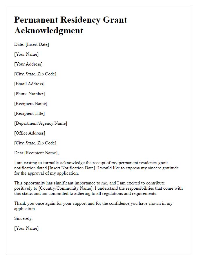 Letter template of permanent residency grant acknowledgment