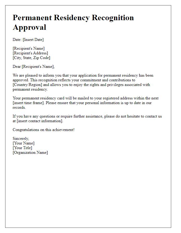 Letter template of permanent residency recognition approval