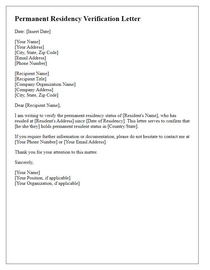 Letter template of permanent residency verification letter