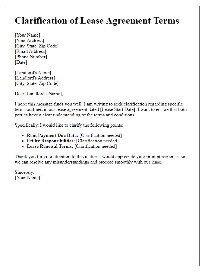 Letter template of clarification for lease agreement terms