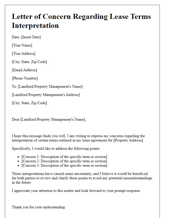 Letter template of concerns about lease terms interpretation