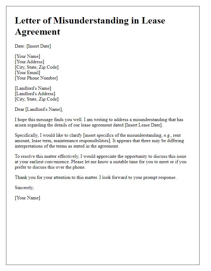 Letter template of misunderstanding in lease agreement details