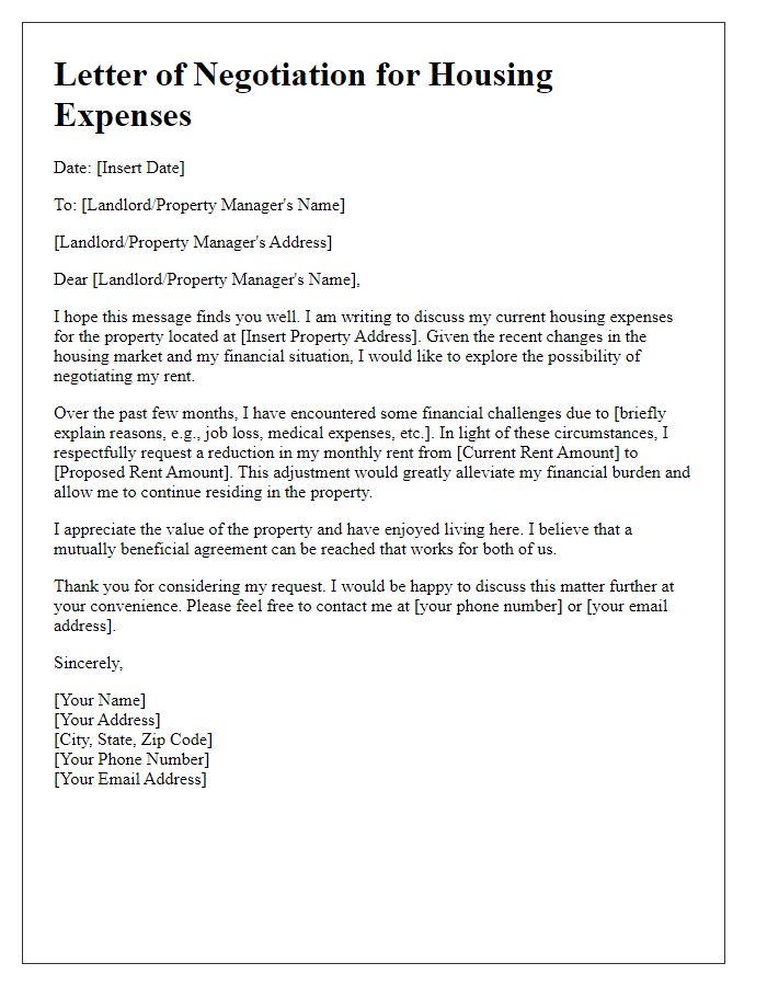 Letter template of housing expense negotiation