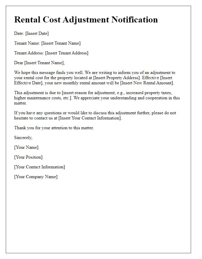 Letter template of rental cost adjustment