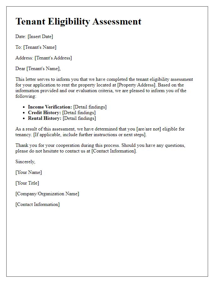 Letter template of tenant eligibility assessment