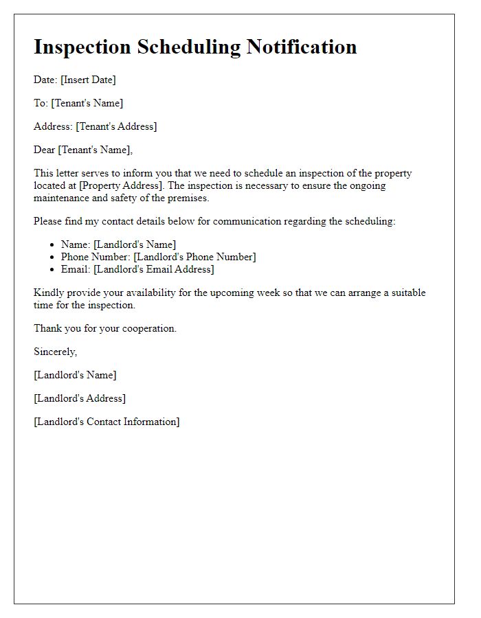 Letter template of landlord contact coordinates for inspection scheduling