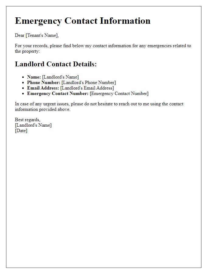 Letter template of landlord contact data for emergencies