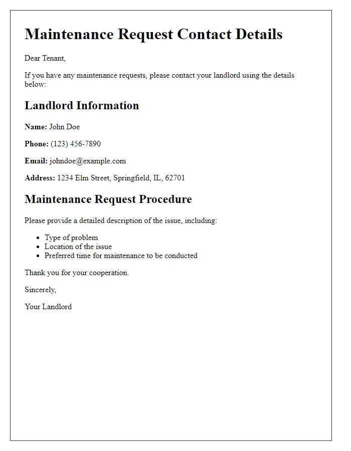 Letter template of landlord contact details for maintenance requests