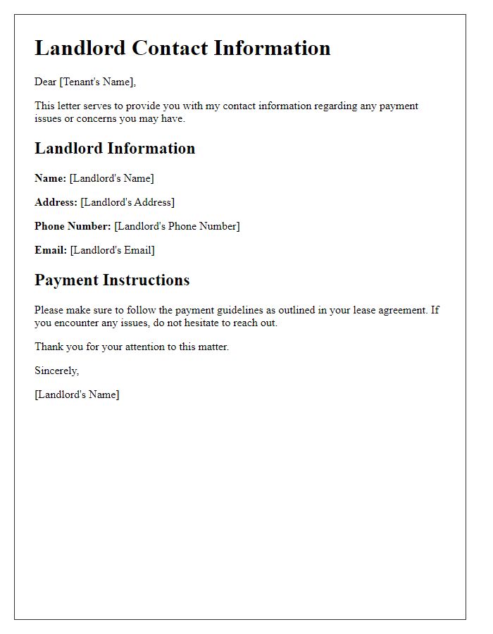 Letter template of landlord contact information for payment issues