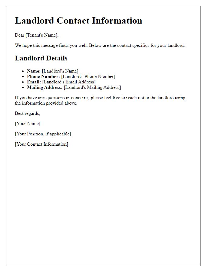 Letter template of landlord contact specifics for tenant communication