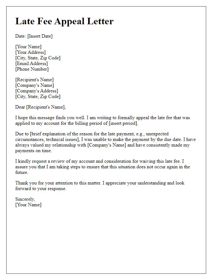 Letter template of late fee appeal for customers