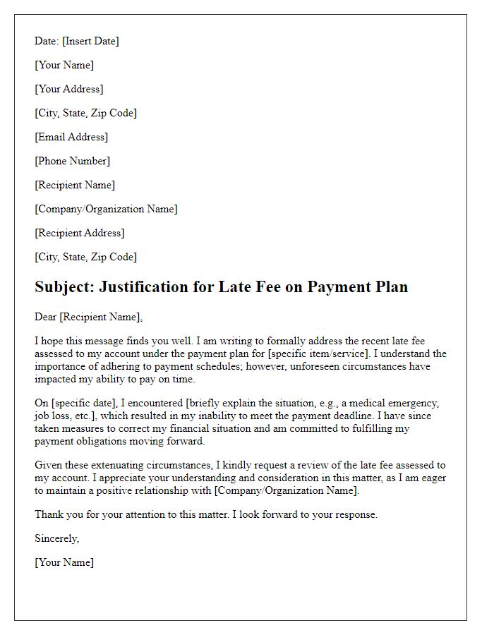 Letter template of late fee justification for payment plans