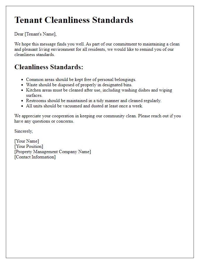 Letter template of tenant cleanliness standards