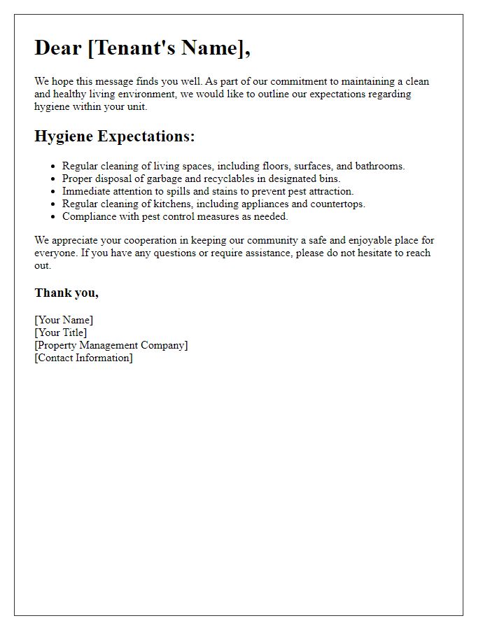 Letter template of tenant hygiene expectations