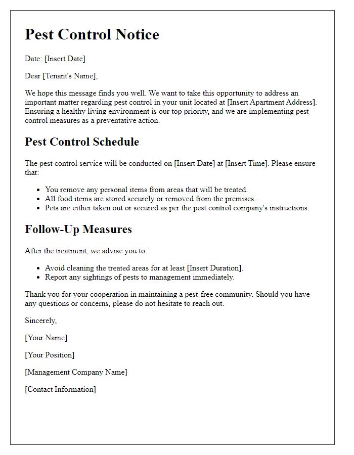 Letter template of tenant pest control measures