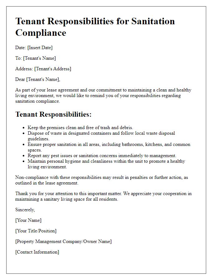 Letter template of tenant responsibilities for sanitation compliance