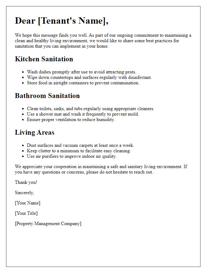 Letter template of tenant sanitation best practices