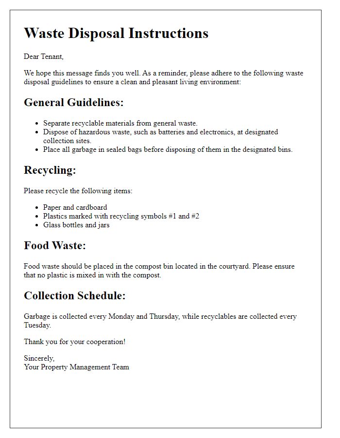 Letter template of tenant waste disposal instructions