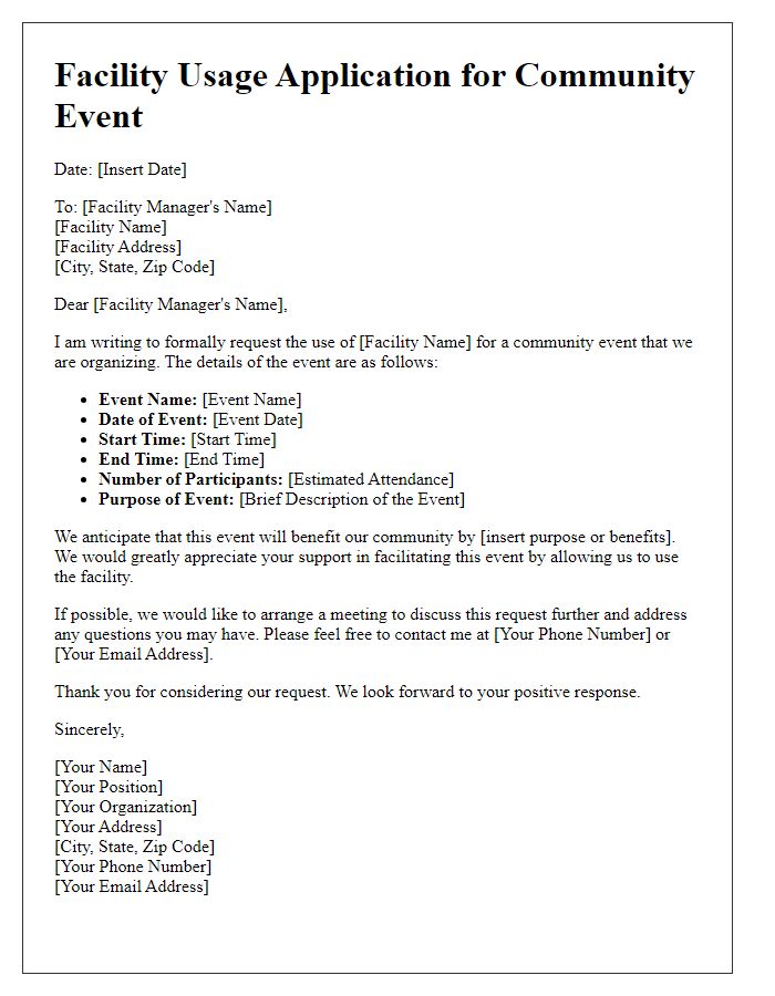 Letter template of facility usage application for community event