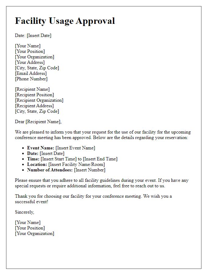 Letter template of facility usage approval for conference meeting