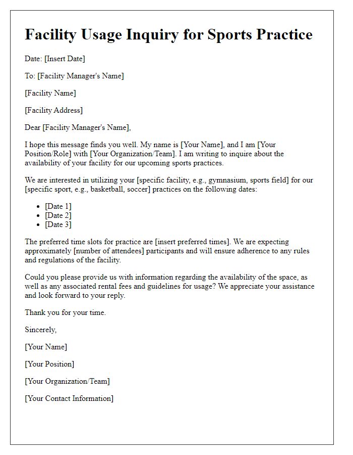 Letter template of facility usage inquiry for sports practice