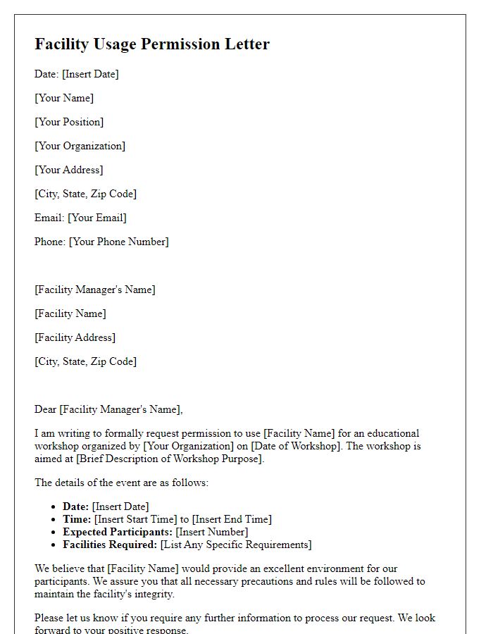 Letter template of facility usage permission for educational workshop