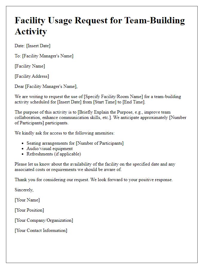 Letter template of facility usage request for team-building activity