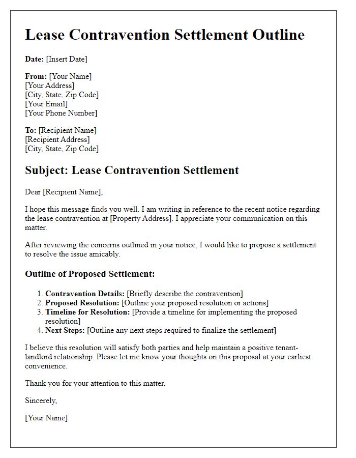 Letter template of lease contravention settlement outline