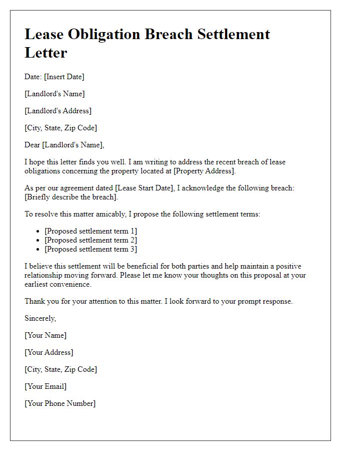 Letter template of lease obligation breach settlement