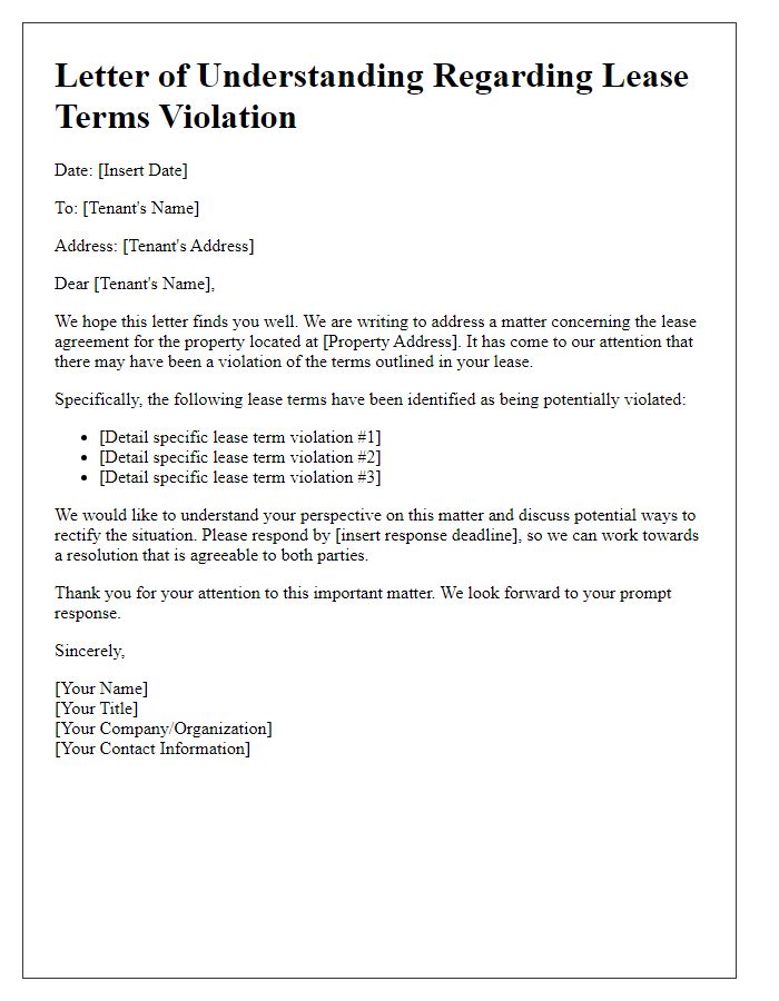 Letter template of lease terms violation understanding